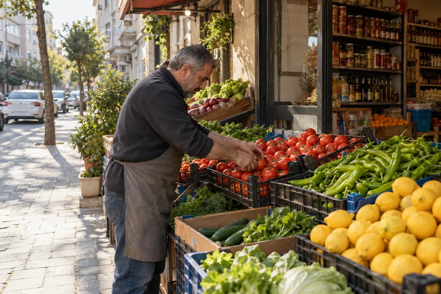 Bir manav dükkânının önünde esnaf tezgâhtaki sebze ve meyveleri düzenliyor.
