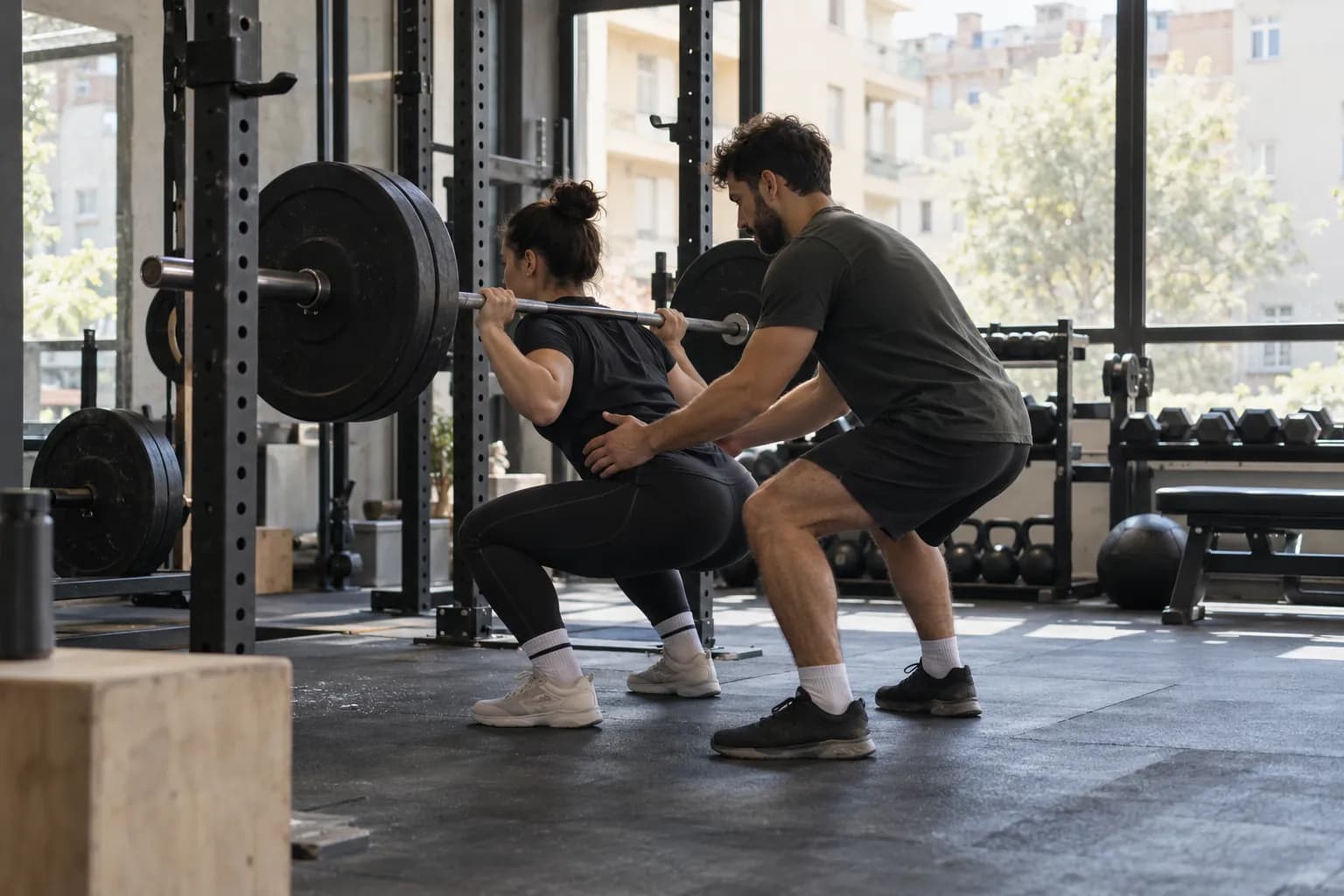 Bir spor salonunda antrenör, squat yapan üyesinin duruşunu düzeltiyor.