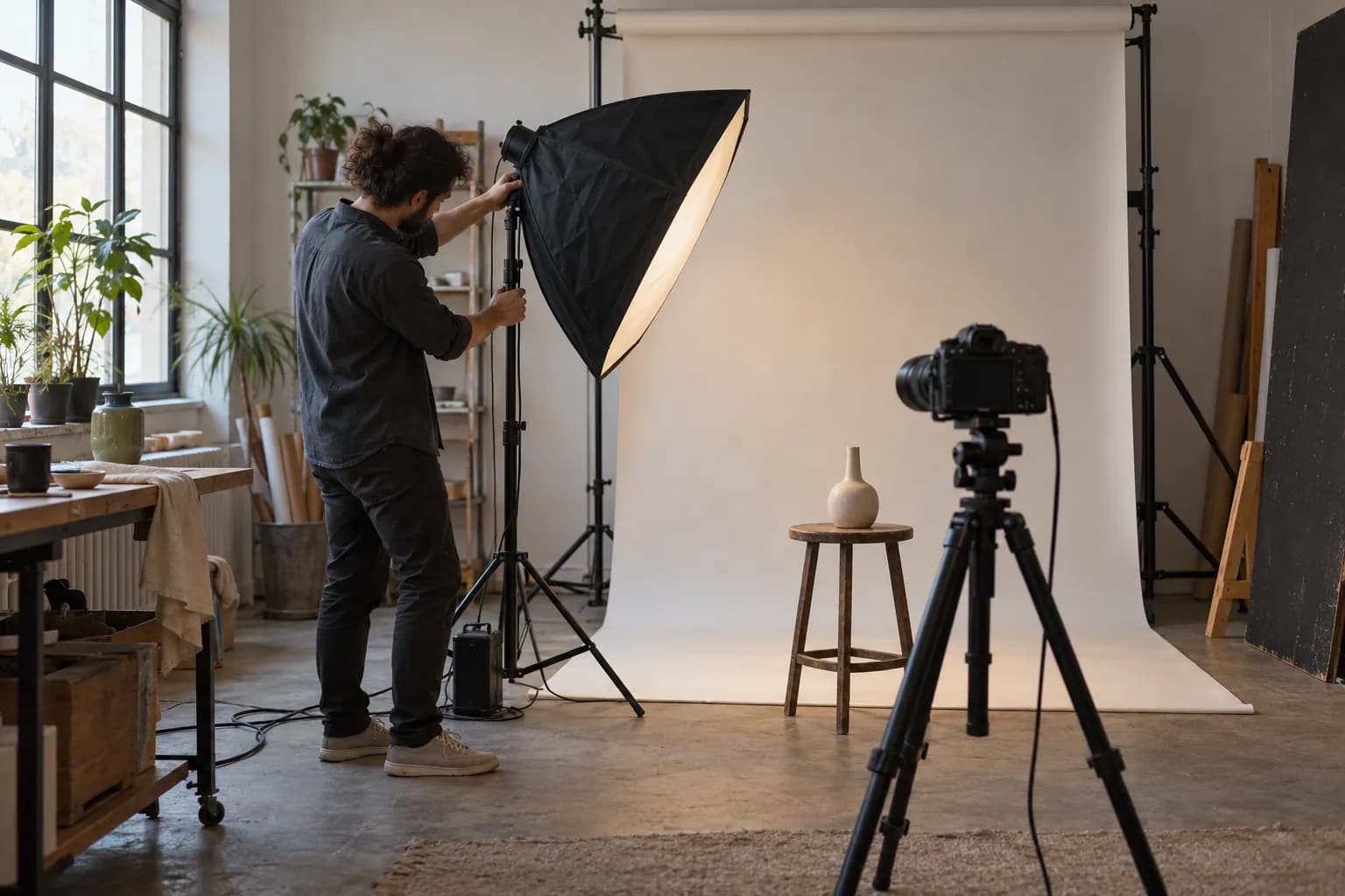 Bir fotoğraf stüdyosunda fotoğrafçı, beyaz fon önünde ışıkları ayarlıyor; önde tripod üzerinde kamera var.